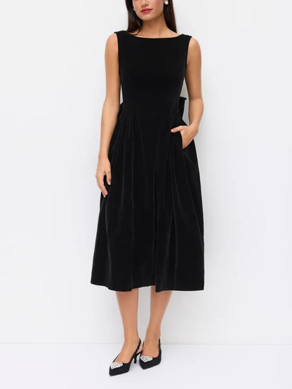 Boat Neck Bowknot Backless Midi Dress