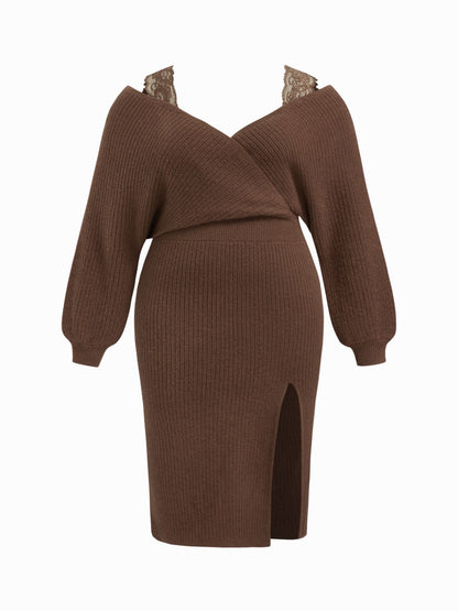 Knitted V-neck Split Lace Curve Dress