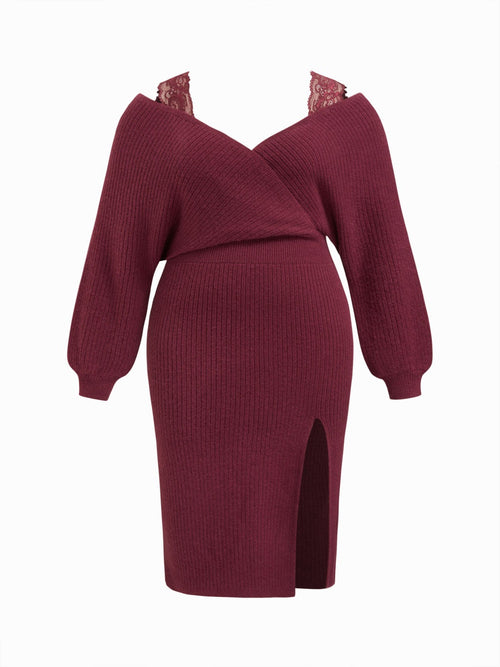 Knitted V-neck Split Lace Curve Dress