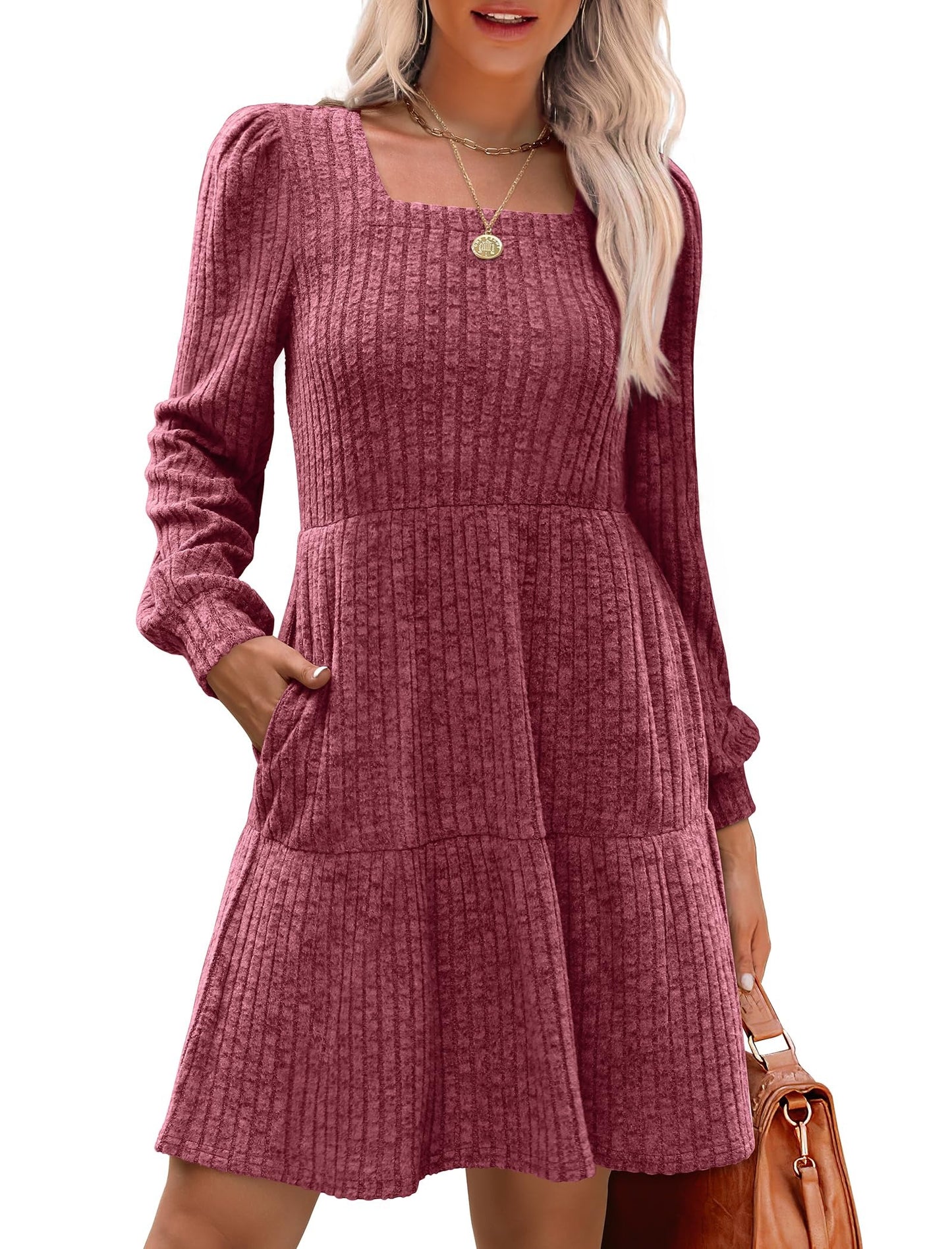 Women's Square Neck Tiered Knit Dress