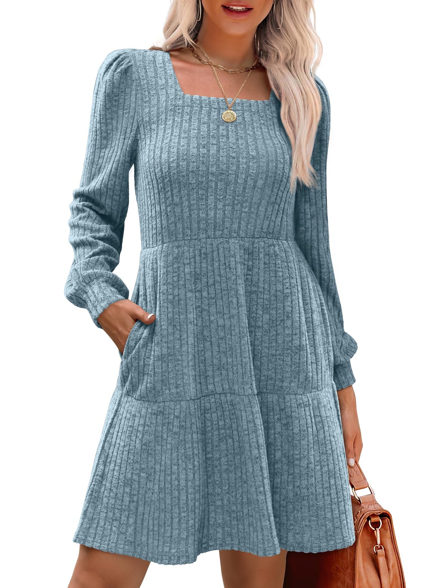 Women's Square Neck Tiered Knit Dress