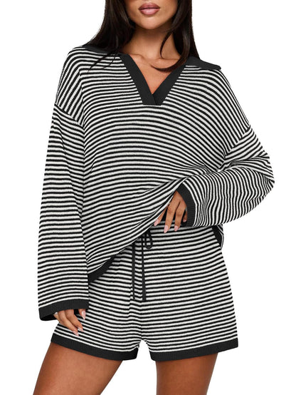 Women's Spring Striped Color-Block Lapel Two-Piece Set