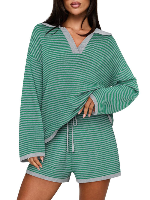 Women's Spring Striped Color-Block Lapel Two-Piece Set
