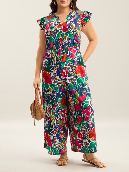 Women's Ruffle Sleeve V-Neck Floral Jumpsuit