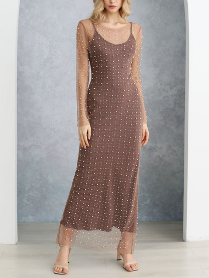 Full Pearl Sheer Mesh Cover-Up Maxi Dress