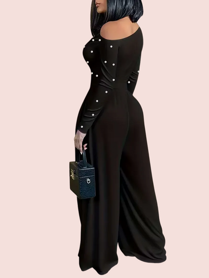 Women's Chic Off-Shoulder Jumpsuit With Pearls