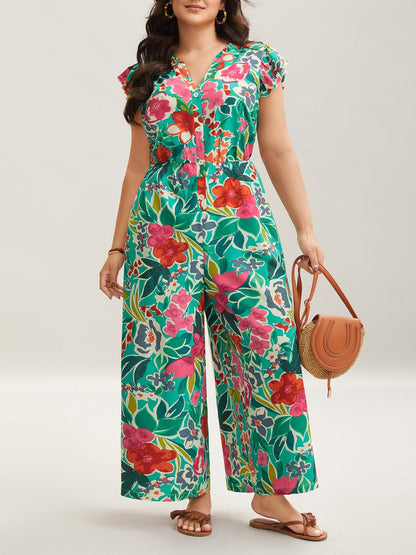 Women's Ruffle Sleeve V-Neck Floral Jumpsuit