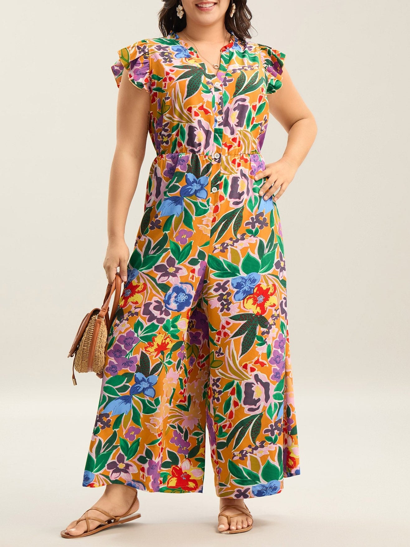 Women's Ruffle Sleeve V-Neck Floral Jumpsuit