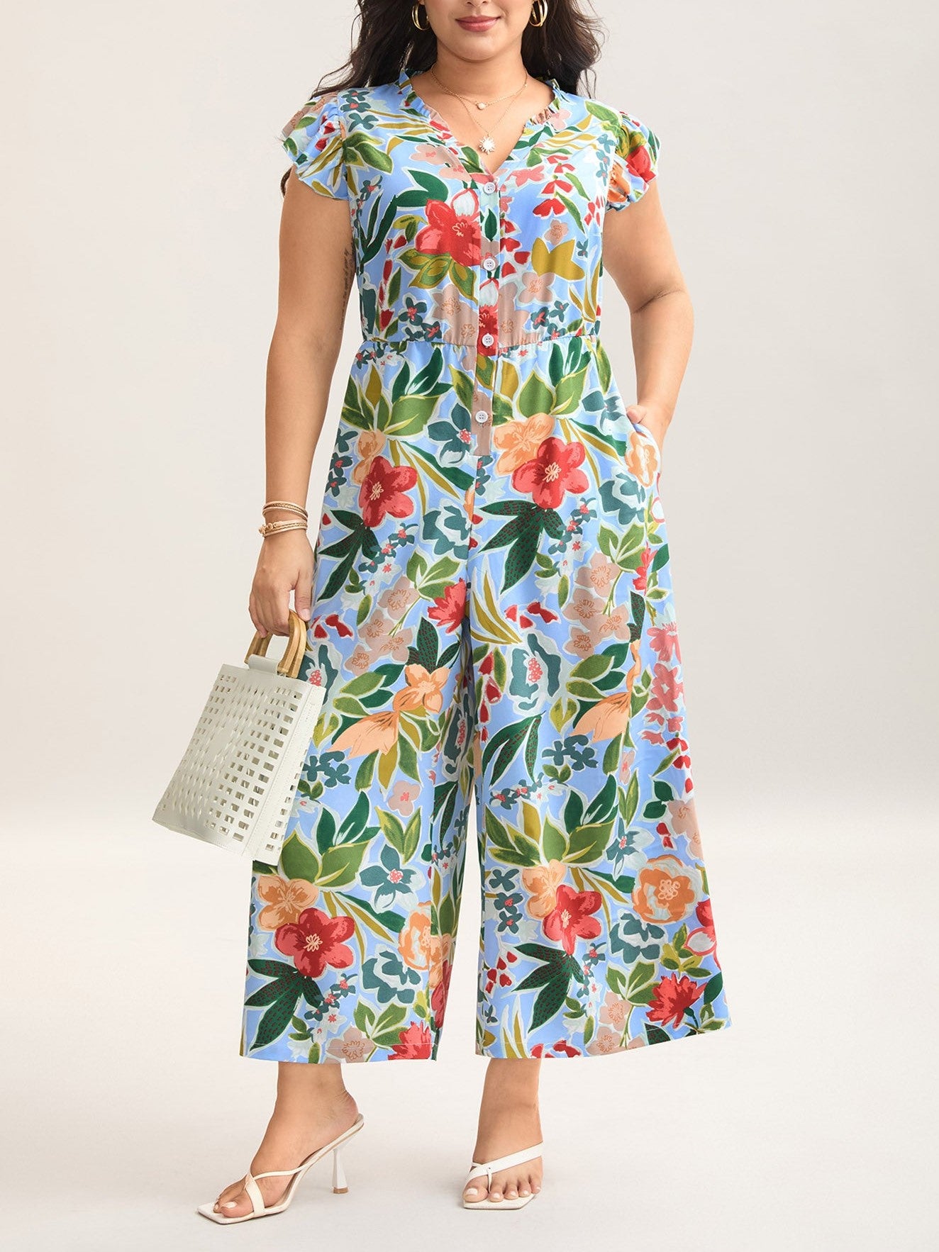 Women's Ruffle Sleeve V-Neck Floral Jumpsuit