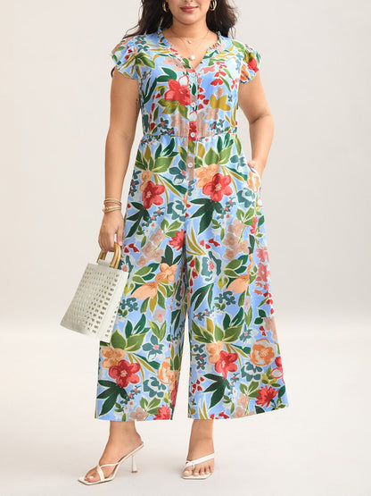 Women's Ruffle Sleeve V-Neck Floral Jumpsuit