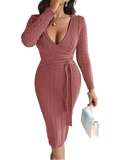 Women's Cable Knit Wrap Midi Dress