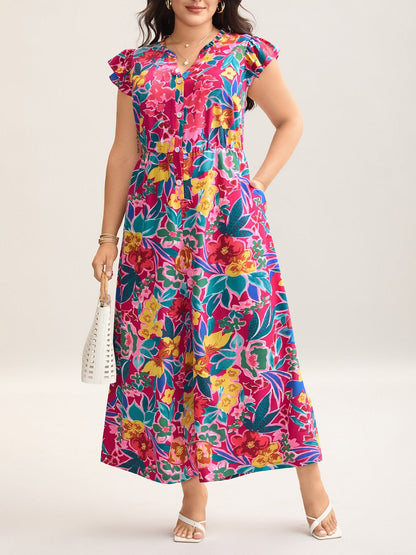 Women's Ruffle Sleeve V-Neck Floral Jumpsuit