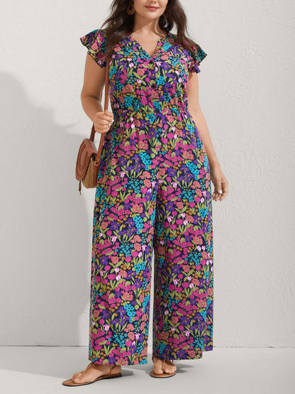 Women's Ruffle Sleeve V-Neck Floral Jumpsuit