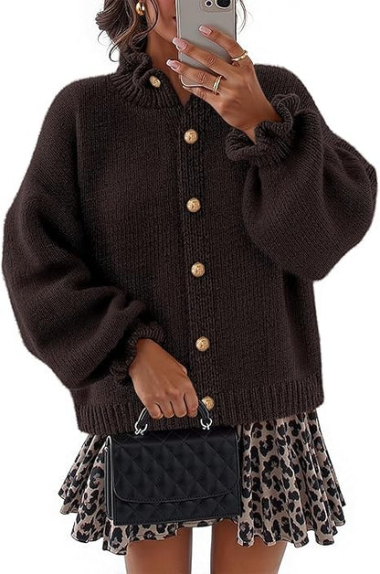 Women's Ruffled Neckline Button Up Cardigan