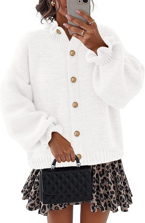 Women's Ruffled Neckline Button Up Cardigan