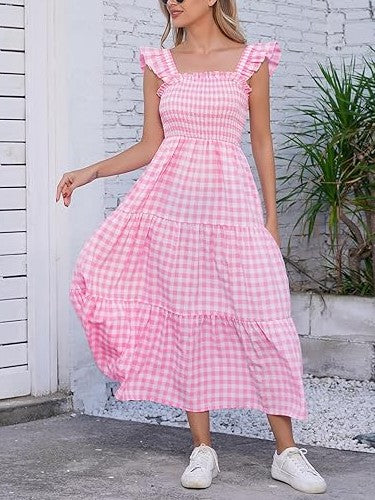 Women's Retro Plaid Smocked Flounce Long Dress