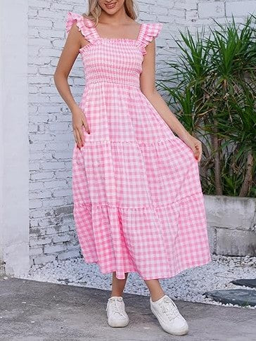 Women's Retro Plaid Smocked Flounce Long Dress