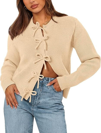 Women's Bow Tied Ribbed Knit Cardigan