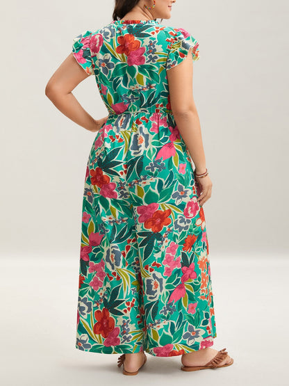 Women's Ruffle Sleeve V-Neck Floral Jumpsuit