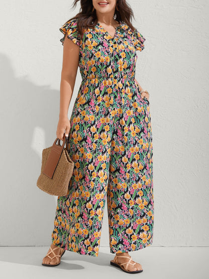 Women's Ruffle Sleeve V-Neck Floral Jumpsuit