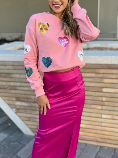Valentine's Day Sequin Heart Round Neck Long Sleeve Sweatshirt