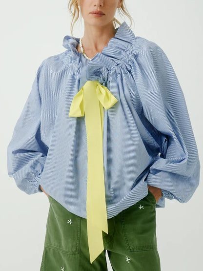 Women's Ruffled Neckline Striped Blouse