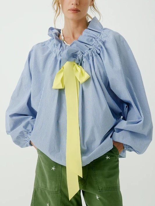 Women's Ruffled Neckline Striped Blouse