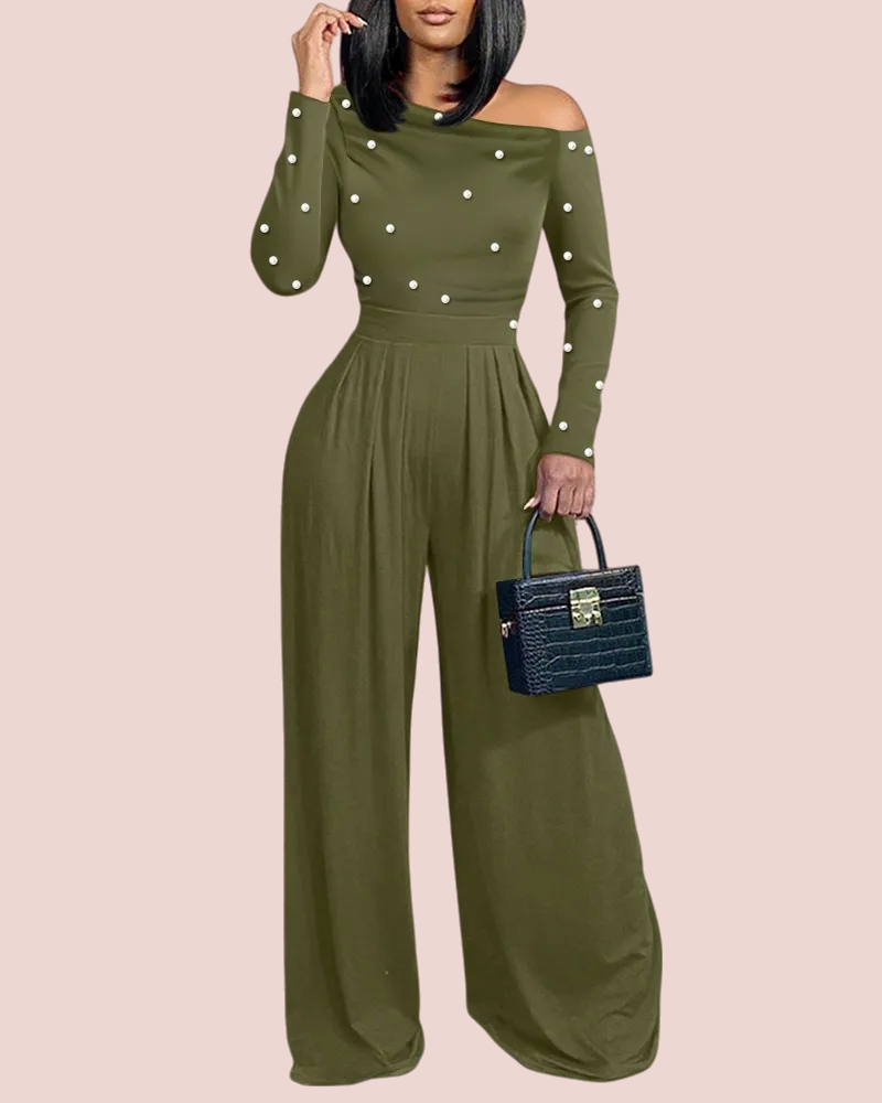 Women's Chic Off-Shoulder Jumpsuit With Pearls