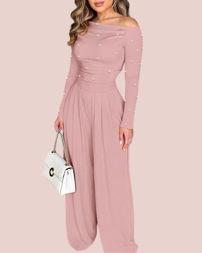 Women's Chic Off-Shoulder Jumpsuit With Pearls