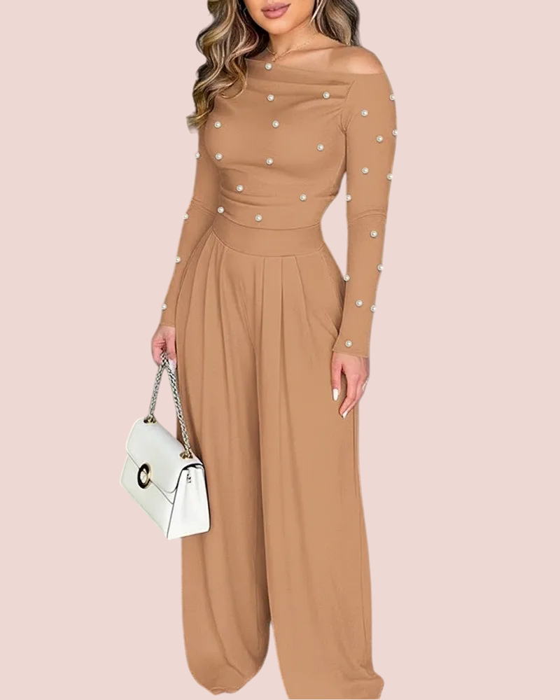 Women's Chic Off-Shoulder Jumpsuit With Pearls