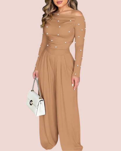 Women's Chic Off-Shoulder Jumpsuit With Pearls