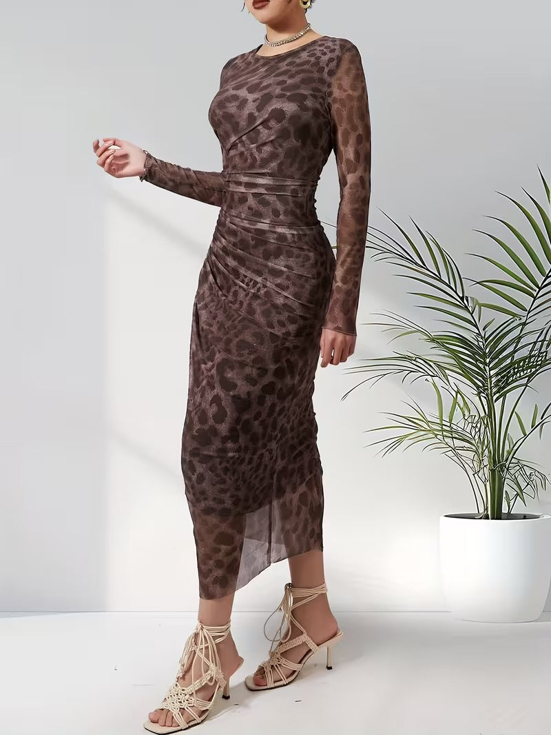 Women's Leopard Print Mesh Midi Dress