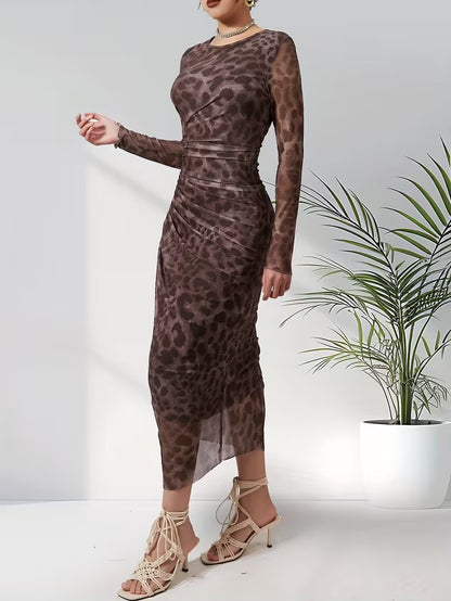 Women's Leopard Print Mesh Midi Dress