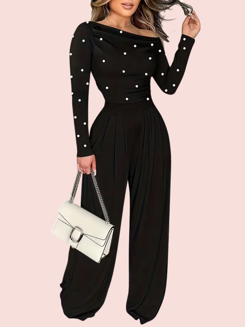 Women's Chic Off-Shoulder Jumpsuit With Pearls