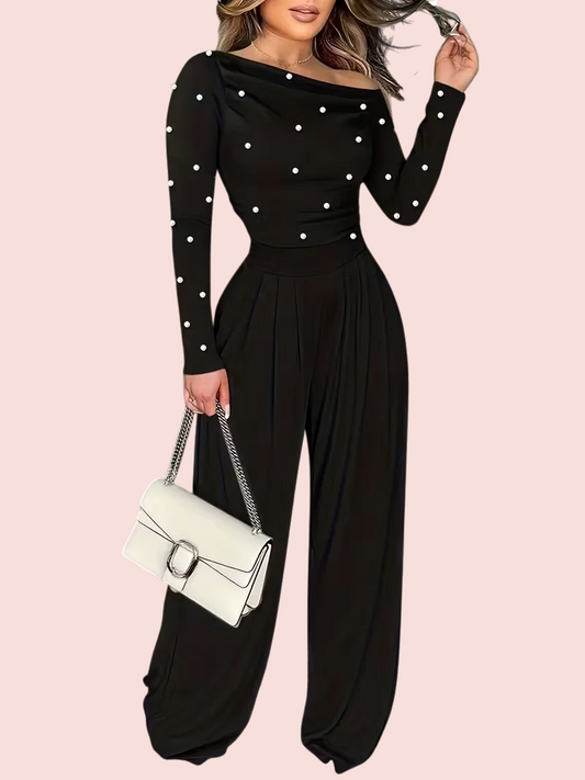 Women's Chic Off-Shoulder Jumpsuit With Pearls
