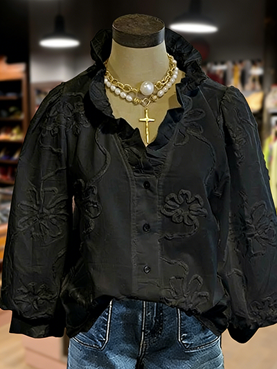 Women's Embroidered Flower Ruffle Neck Puff Sleeve Top