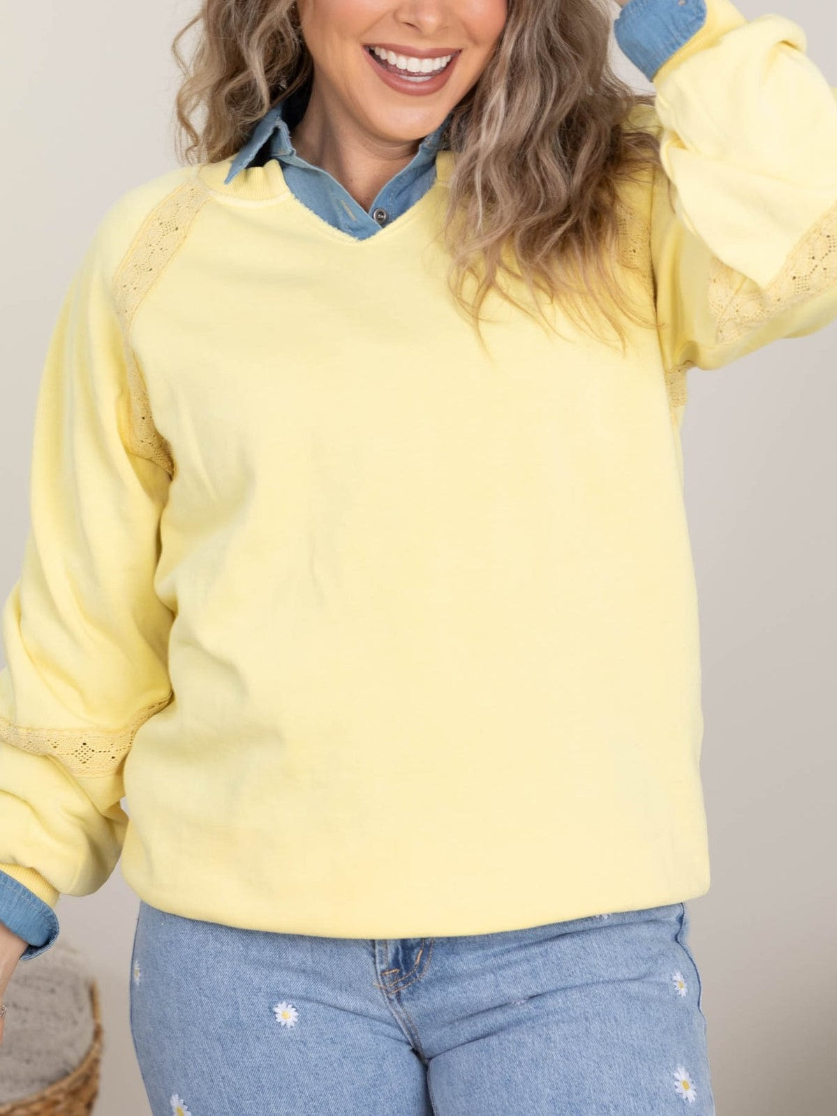 Women's Relaxed Fit V-Neck Sweatshirt with Lace Inserts