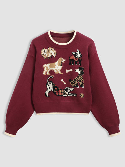Women's Playful Puppy Pattern Relaxed Fit Knit Top