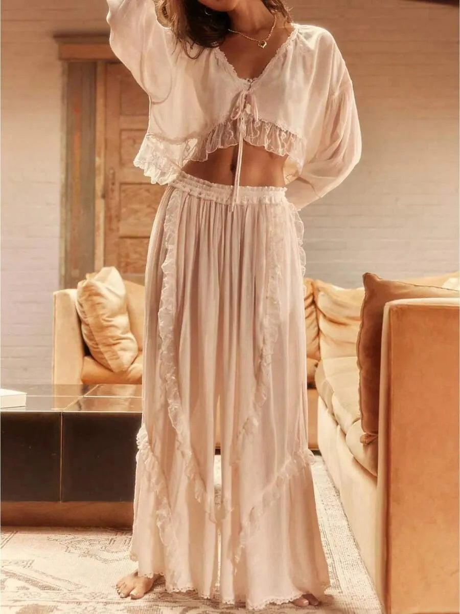 Women's Long-Sleeve Lace Pajama Set