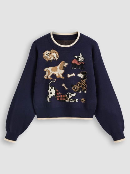 Women's Playful Puppy Pattern Relaxed Fit Knit Top