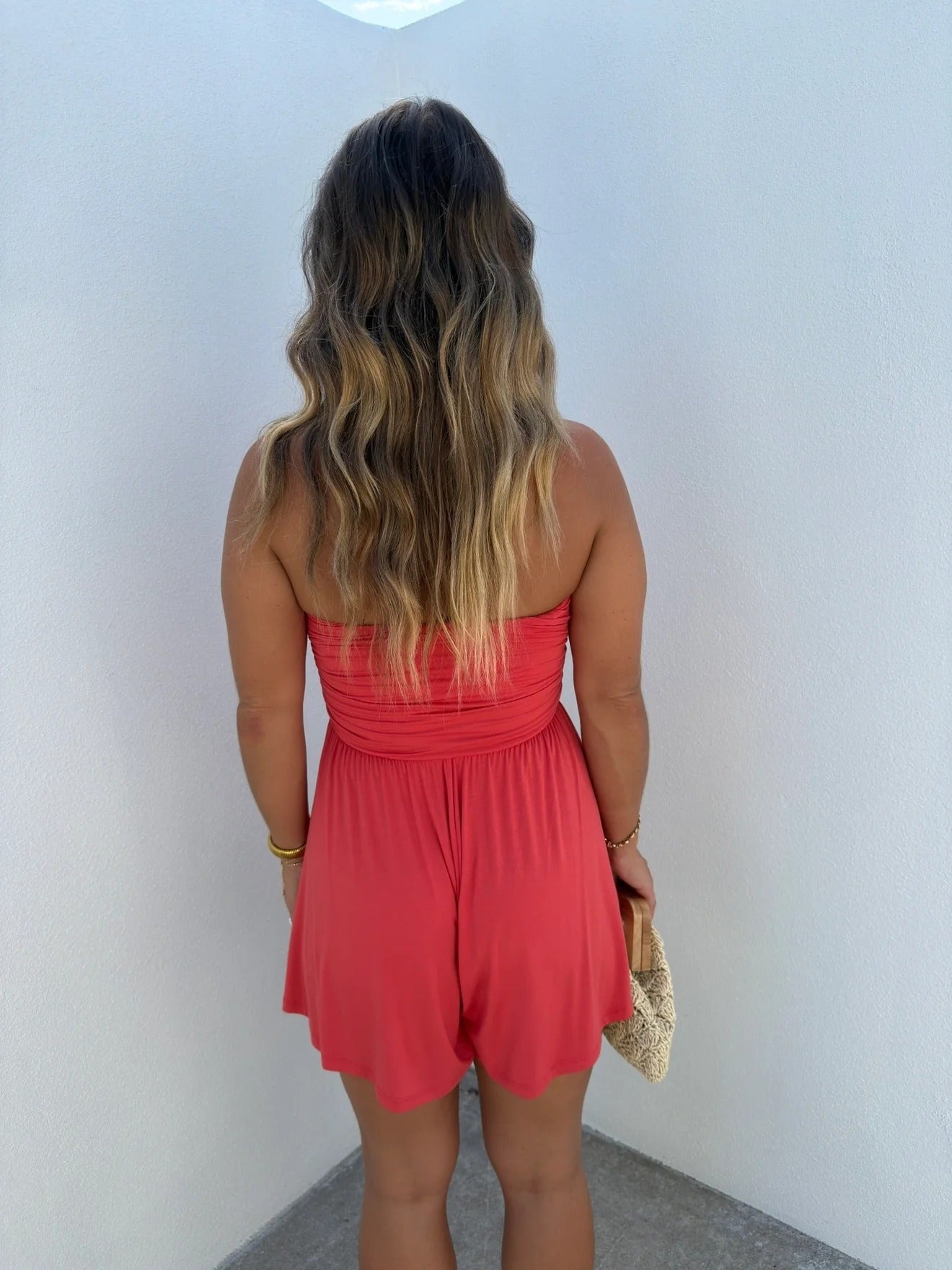 Women's Strapless Side Ruching Flowy Romper