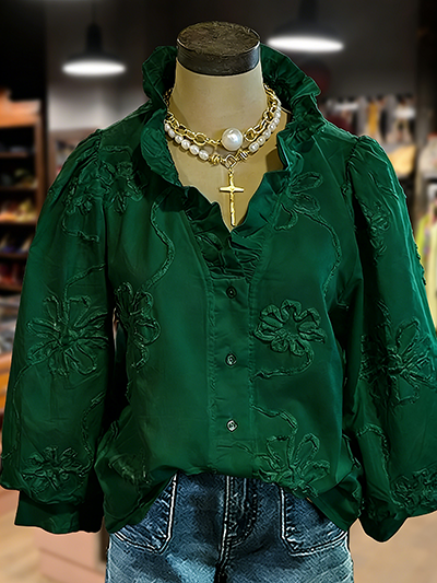 Women's Embroidered Flower Ruffle Neck Puff Sleeve Top