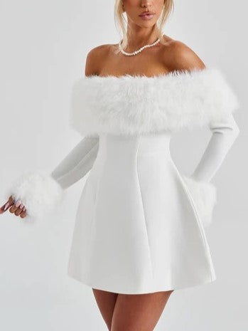 Women's Off Shoulder Fur Trim A Line Mini Dress