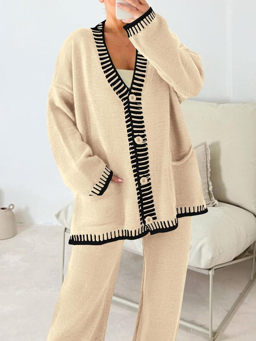 Women's Oversized V-Neck Knit Cardigan & Pants Set