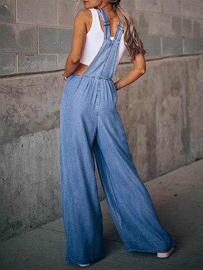 Women's Casual Adjustable Straps Denim Overall Wide Leg Jumpsuits