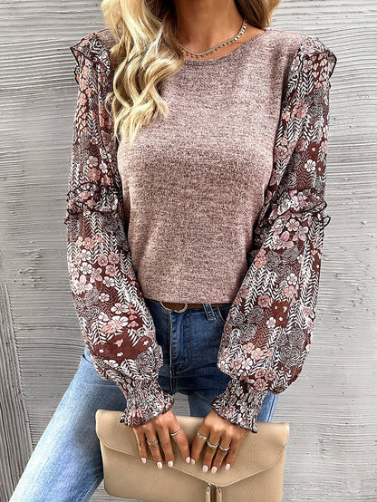 Women's Floral Sleeve Patchwork Knit Top