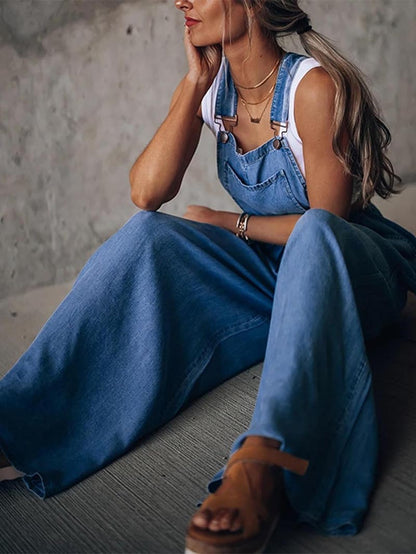 Women's Casual Adjustable Straps Denim Overall Wide Leg Jumpsuits