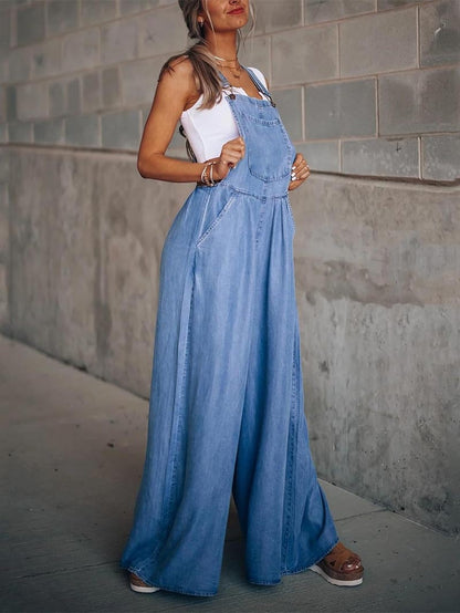Women's Casual Adjustable Straps Denim Overall Wide Leg Jumpsuits