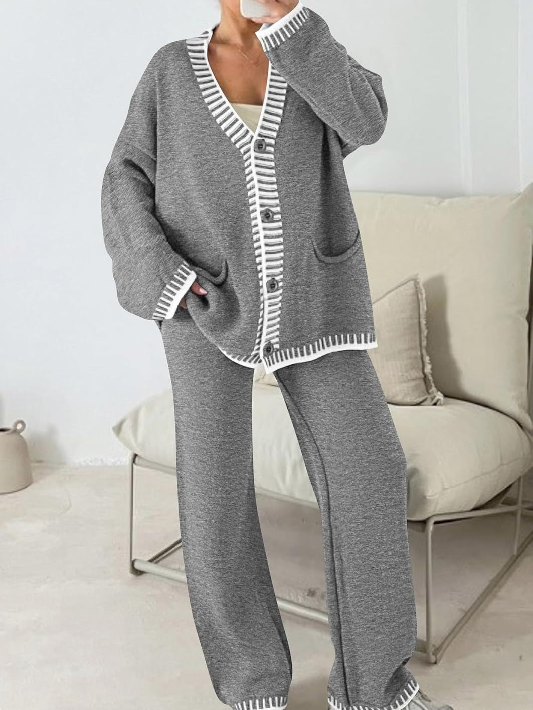 Women's Oversized V-Neck Knit Cardigan & Pants Set
