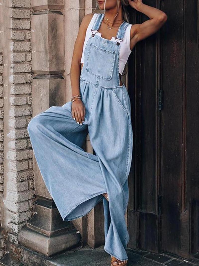 Women's Casual Adjustable Straps Denim Overall Wide Leg Jumpsuits